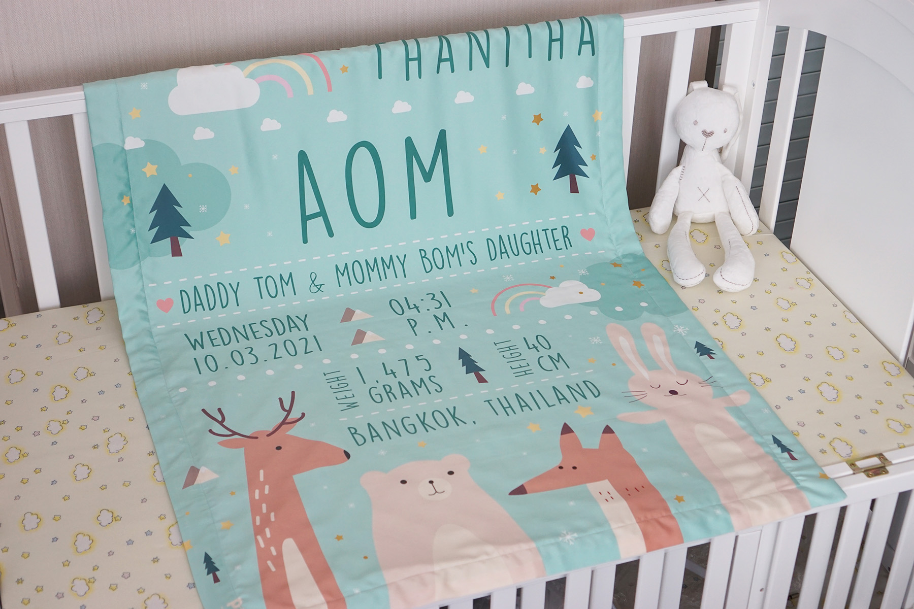 ผ้าห่ม ใส่ประวัติแรกเกิด ลาย Woodland - Mint