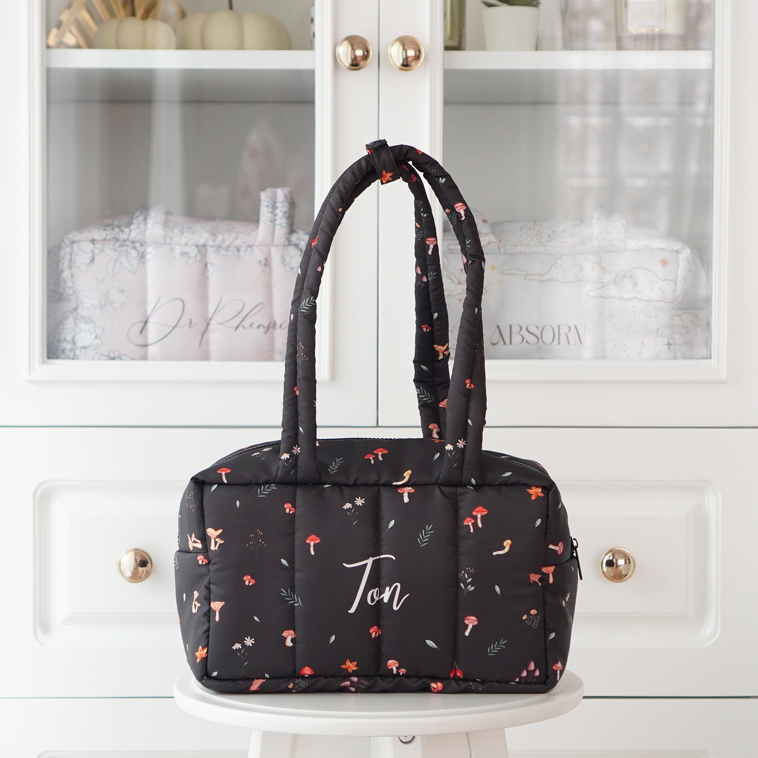 Fluffy Bowling Bag กระเป๋านุ่มนิ่ม ทรง Bowling สั่งทำใส่ข้อความ ลาย Mushroom - Brown