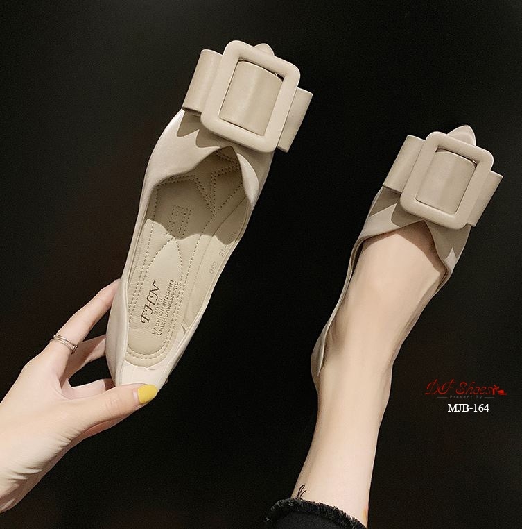 รองเท้าคัทชูส้นแบนแต่งโบว์เข็มขัด (สีเขียว)