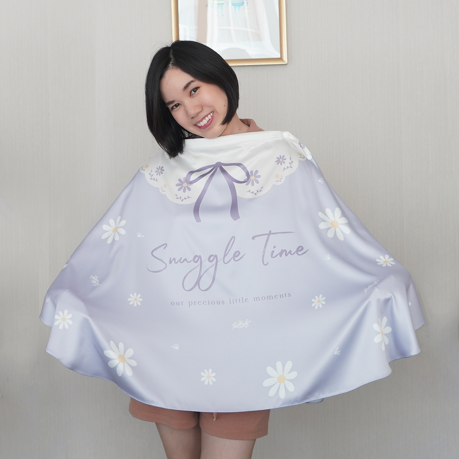 ผ้าคลุมให้นม 3in1 (รุ่นมีกระดุม ถอดโครงได้) แบบสั่งทำใส่ชื่อ ลาย Daisy - Lavender