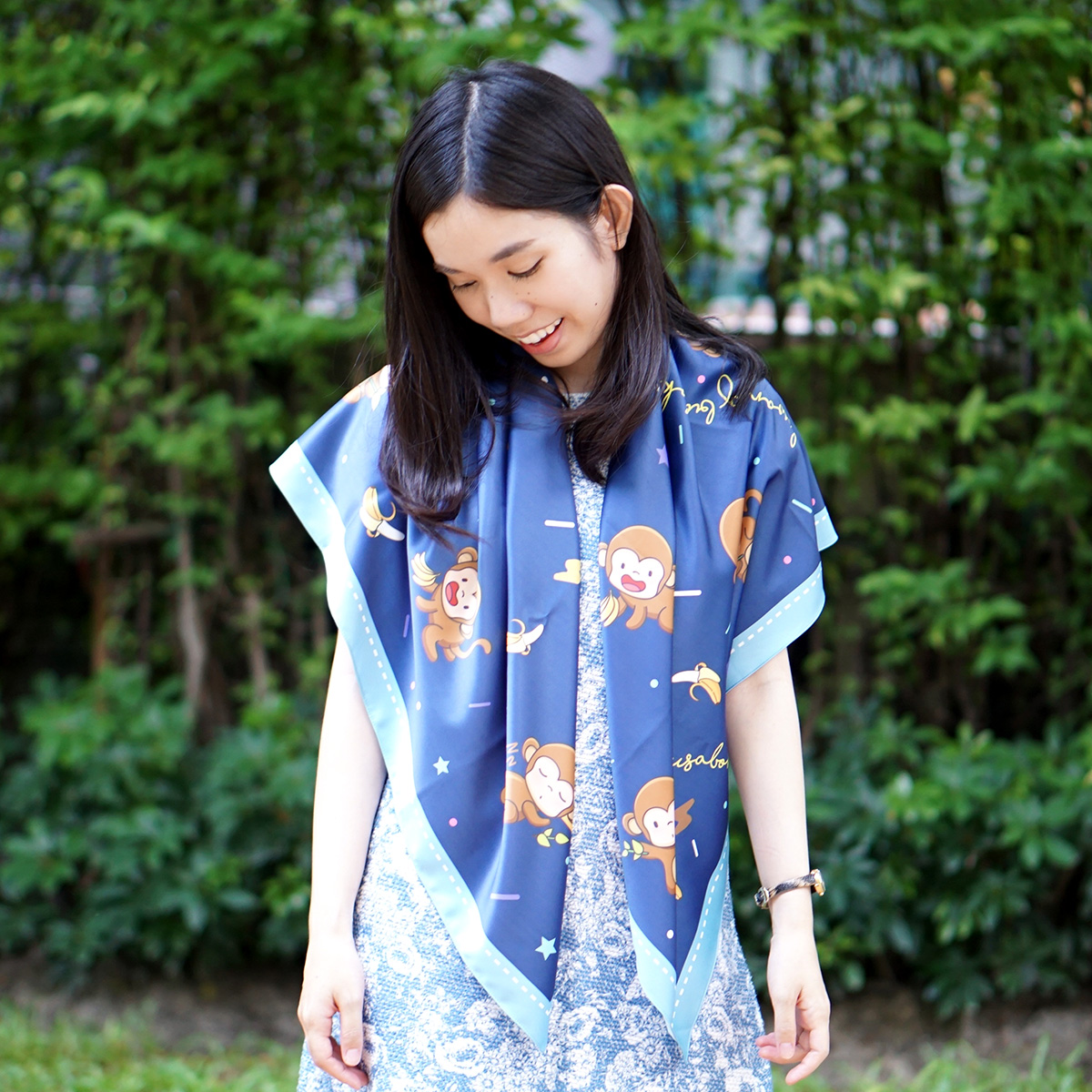 ผ้าพันคอ ลายลิง สีน้ำเงิน - Monkey - Navy - สั่งทำใส่ชื่อ