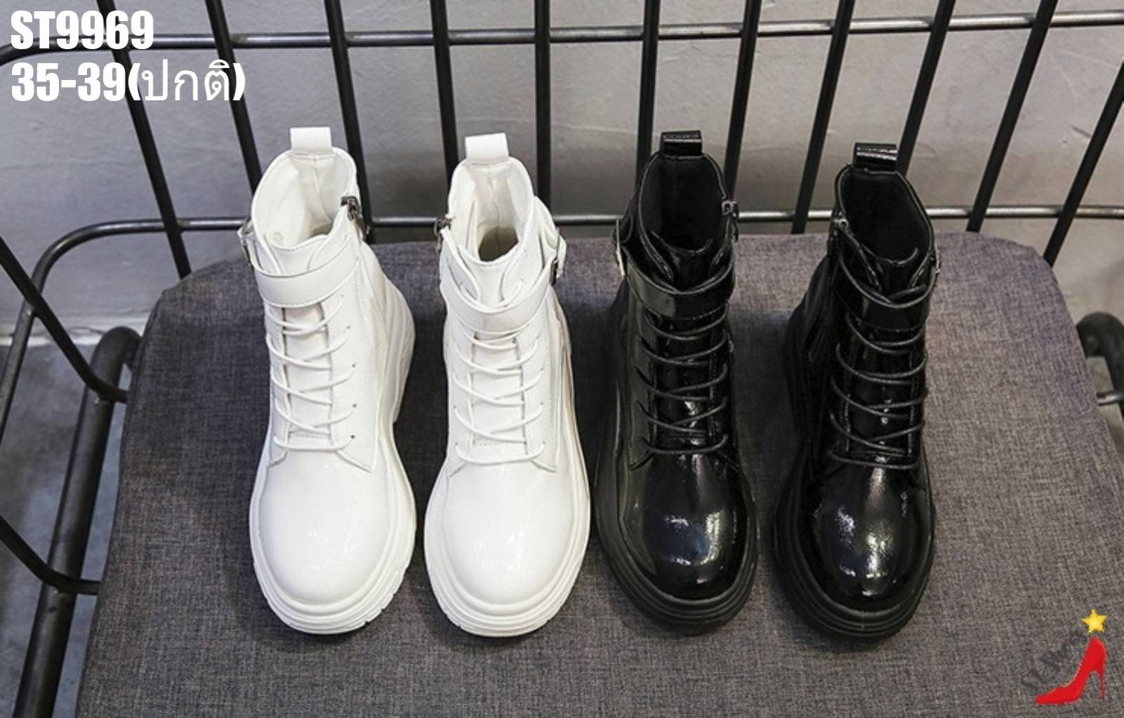 รองเท้าผ้าใบแฟชั่นหุ้มข้อแต่งเข็มขัด (สีดำ)