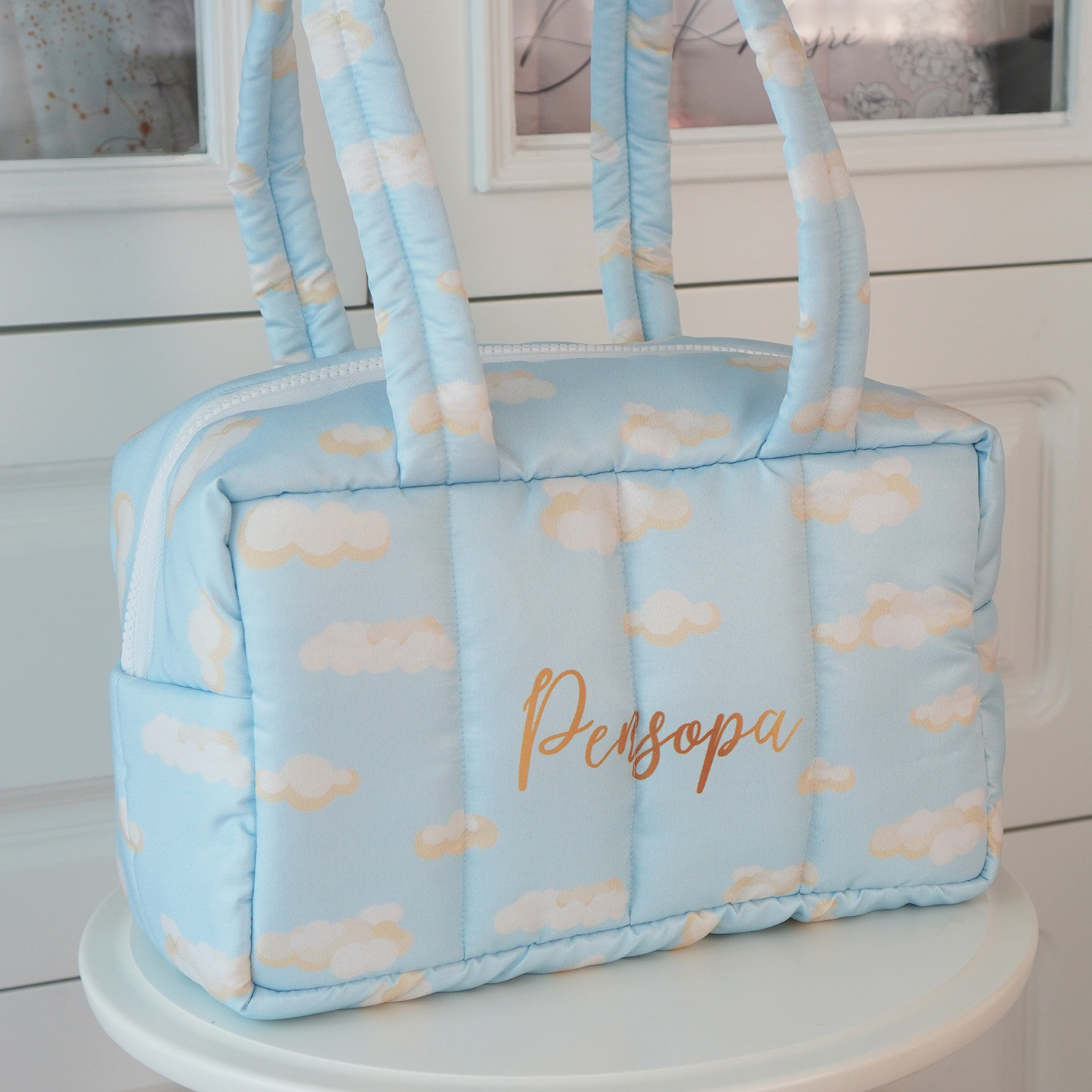 Fluffy Bowling Bag กระเป๋านุ่มนิ่ม ทรง Bowling สั่งทำใส่ข้อความ ลาย Cloud - Blue