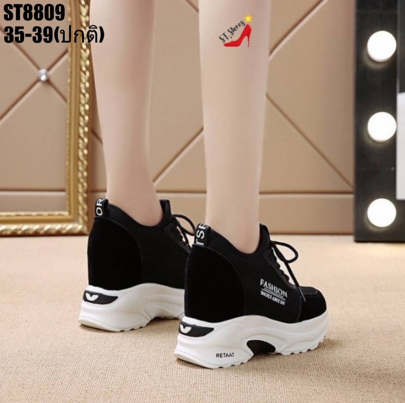 รองเท้าผ้าใบเสริมส้นแต่งเชือกหลอก (สีดำ)