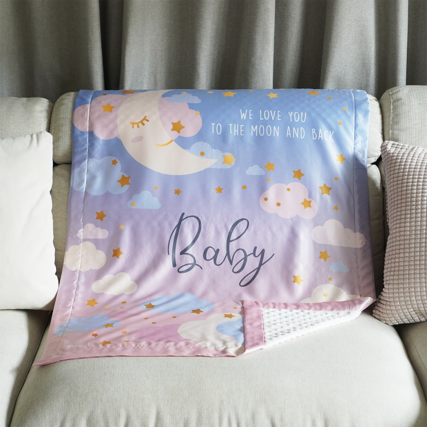 ผ้าห่ม ผ้าไหมเสปน ด้านหลังผ้า minky ขนาด 75x100cm - ลาย Moon - Blue Pink