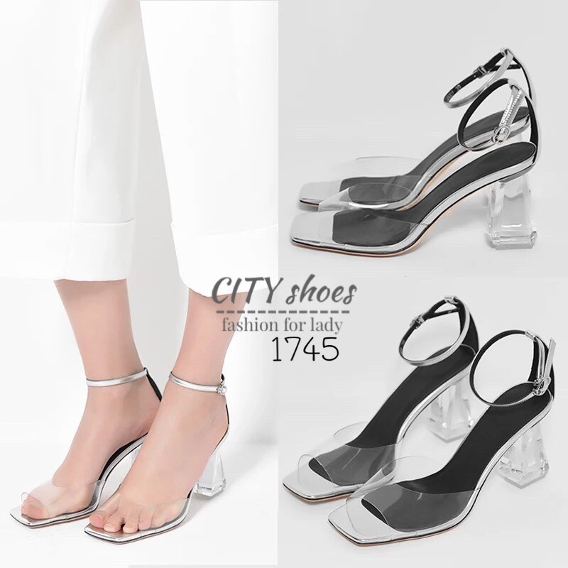 รองเท้าส้นแก้วใสเมทัลลิค