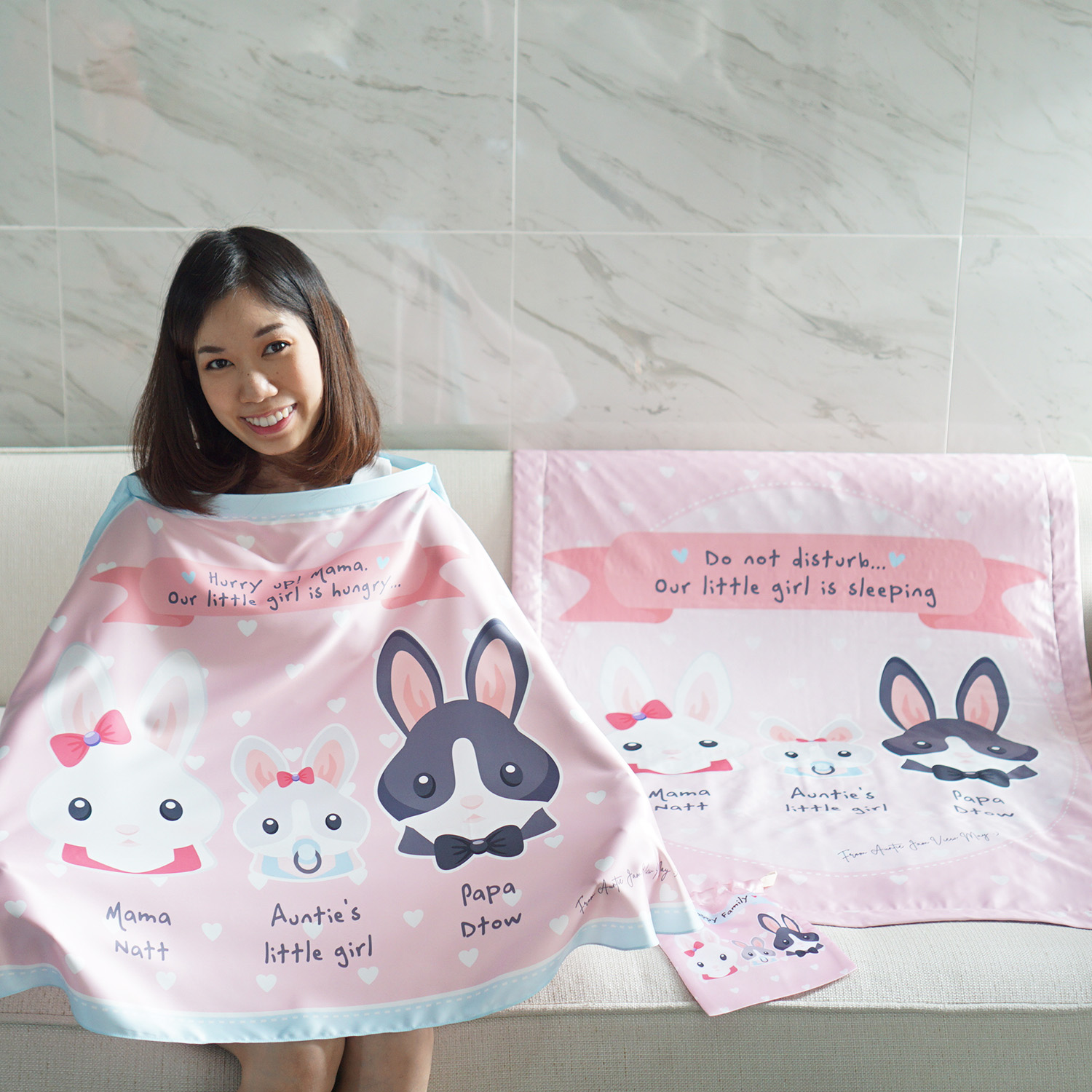 ชุดของขวัญเด็กแรกเกิด ผ้าคลุมให้นม + ผ้าห่มขนาด 75x100cm ลาย Rabbit - Pink