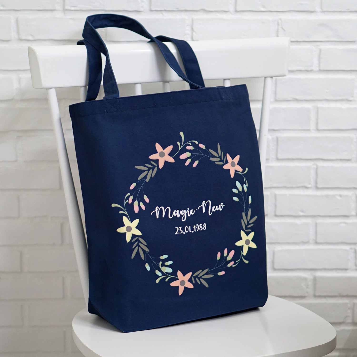 กระเป๋าผ้าแคนวาส ปักชื่อ ลาย Floral Frame - Navy