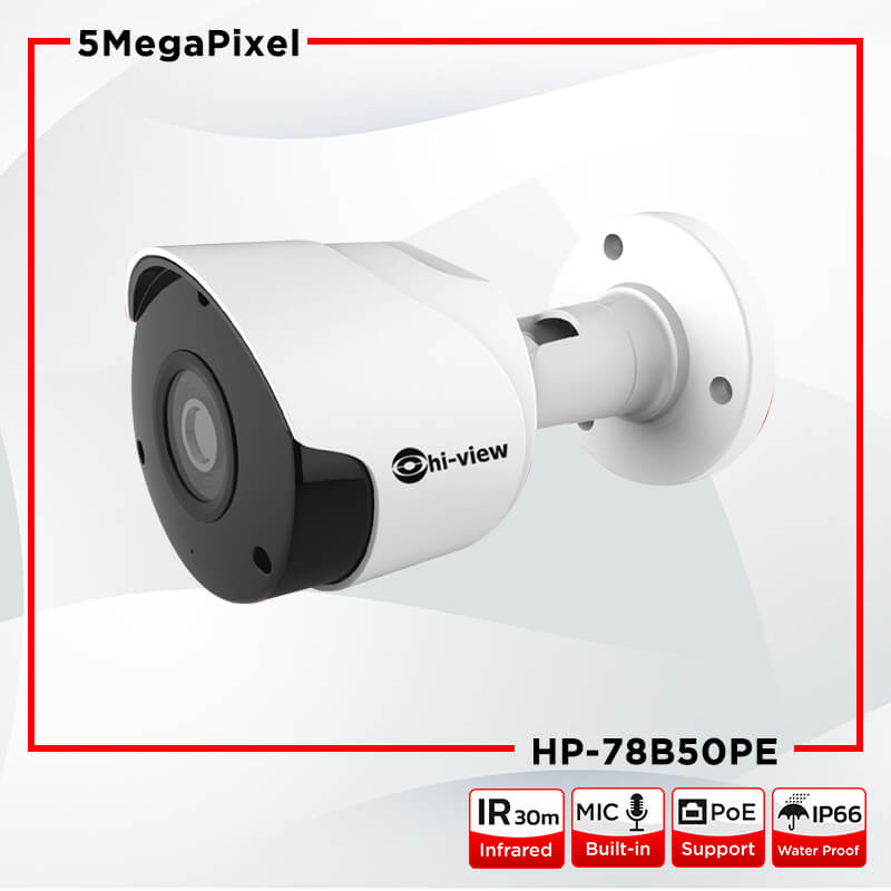 ขายถูก HP-78B50PE Hiview Bullet Mic-Built-in IP Camera PoE 5 MP กล้องวงจรปิดไฮวิว ระบบไอพี 5 ล้านพิกเซล ใช้งานภายนอกและภายใน มีไมค์ในตัว บันทึกภาพและเสียง ประกันศูนย์