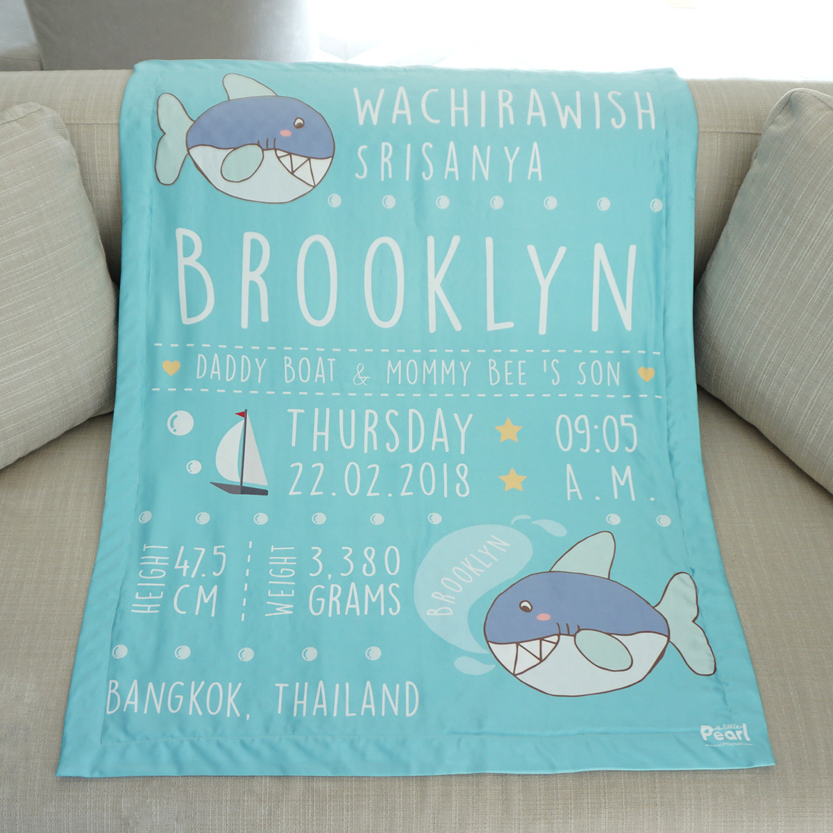 ผ้าห่มเด็ก ใส่ประวัติแรกเกิด ลายฉลาม Shark - Turquoise