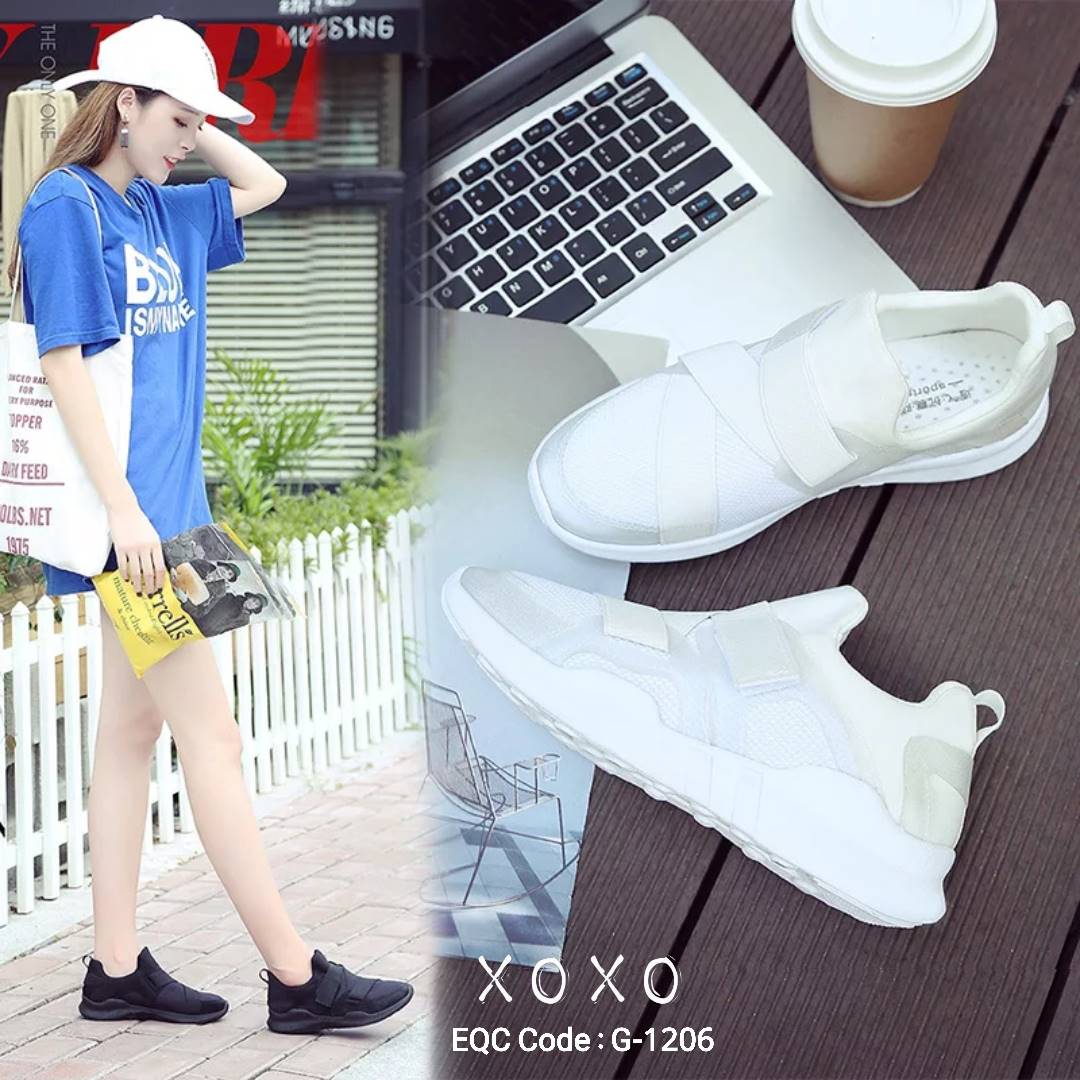 รองเท้าผ้าใบสวมทรงSportแต่งเมจิกเทป (สีขาว)