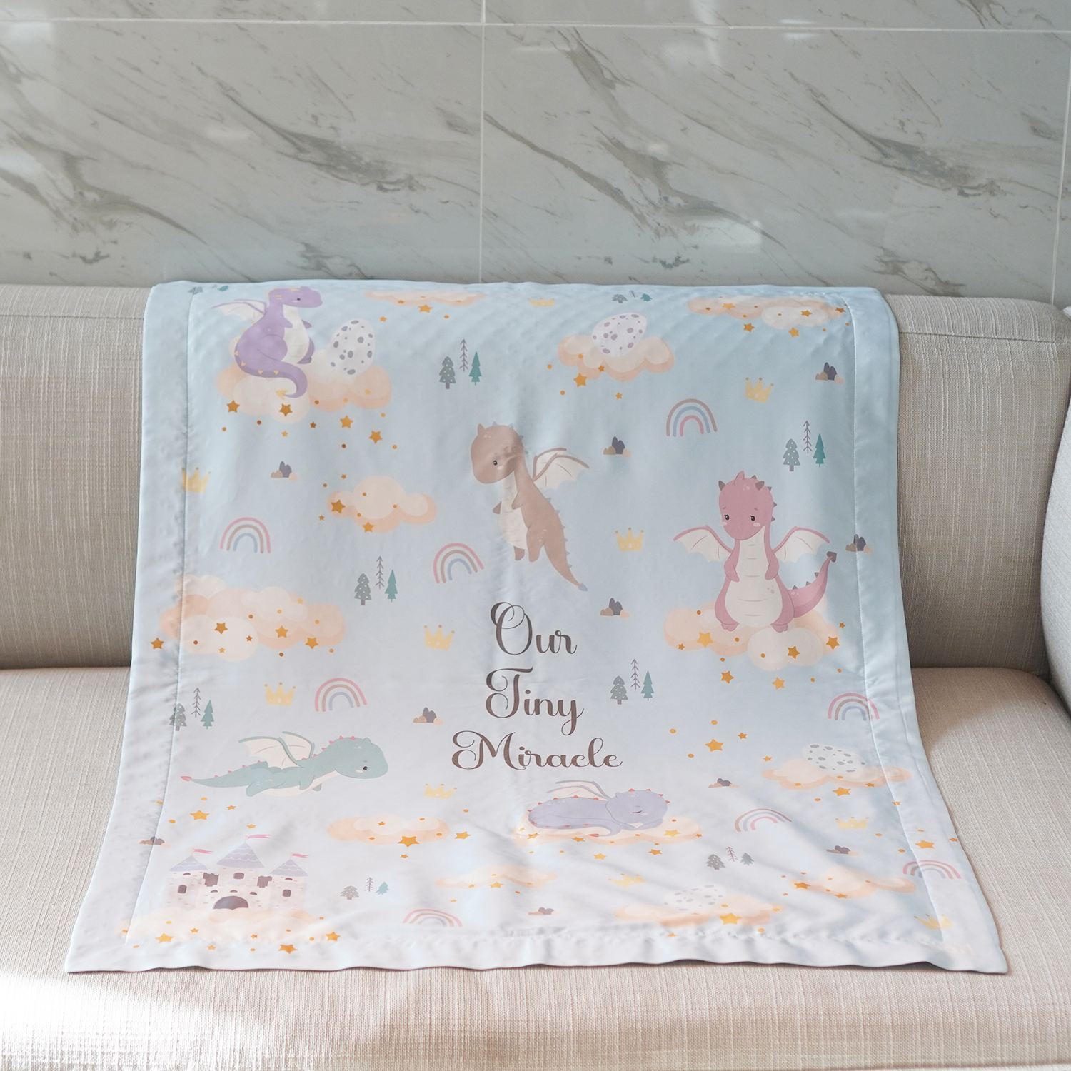 ผ้าห่ม ผ้าไหมเสปน ด้านหลังผ้า minky ขนาด 75x100cm - ลายมังกร สีฟ้า