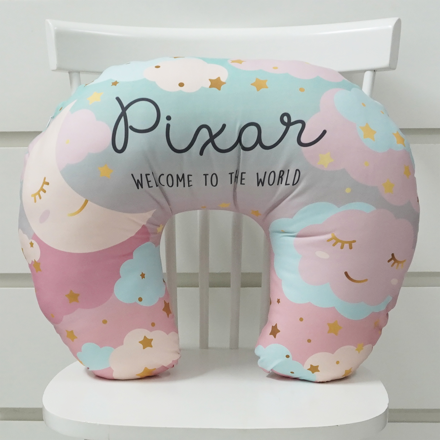 หมอนรองให้นม สั่งทำใส่ชื่อ ลาย Moon - Mint Pink