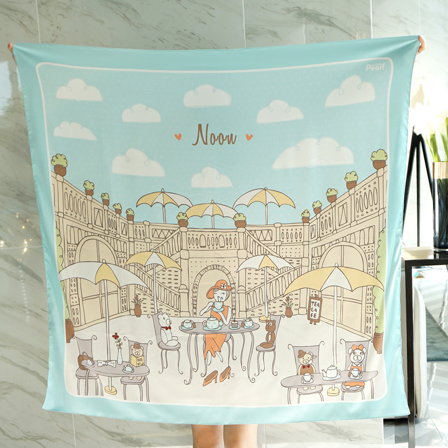 ผ้าพันคอสั่งทำใส่ชื่อ ลาย Tea Party with Teddies - Blue