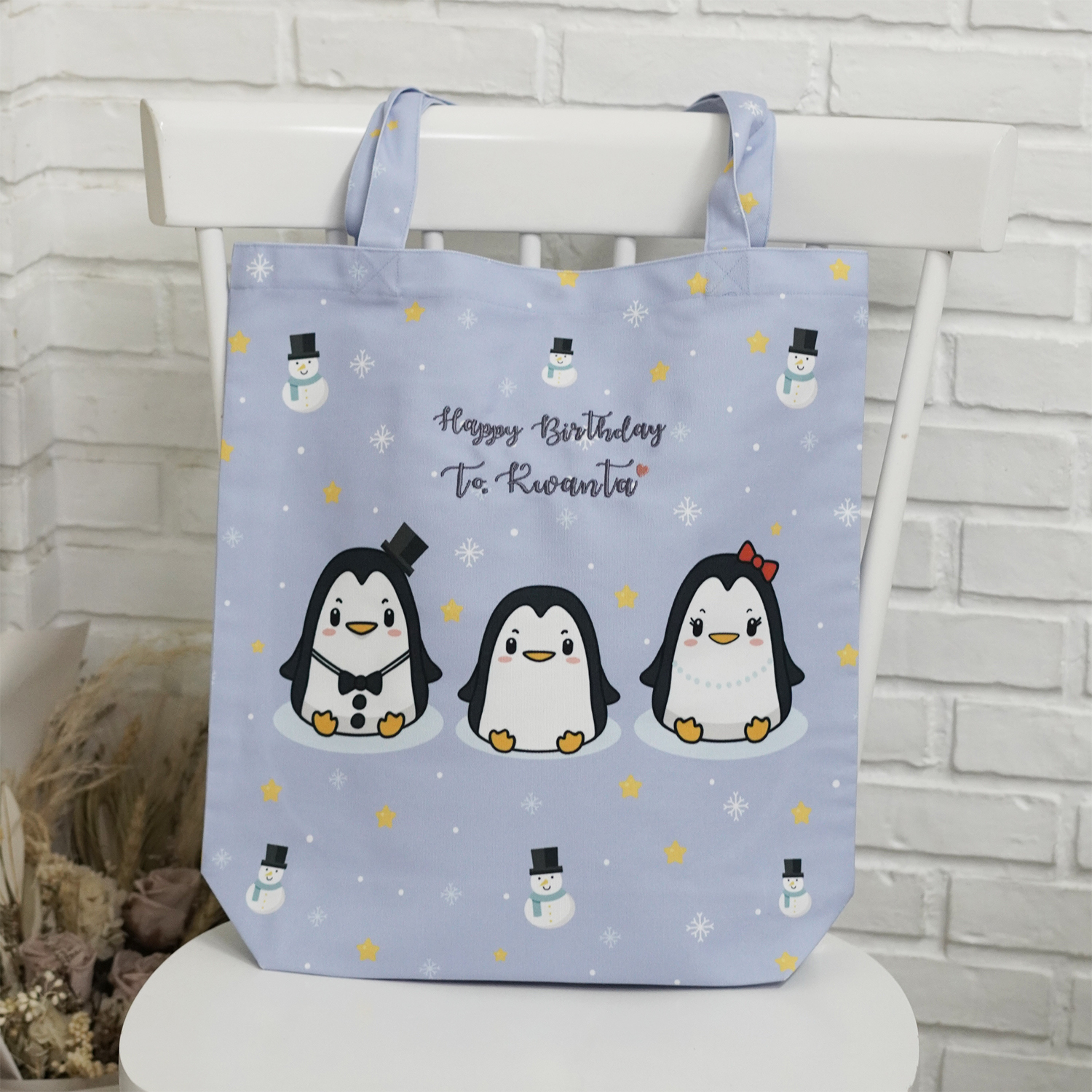 กระเป๋าผ้าแคนวาส ปักชื่อ ลาย Penguin - Blue