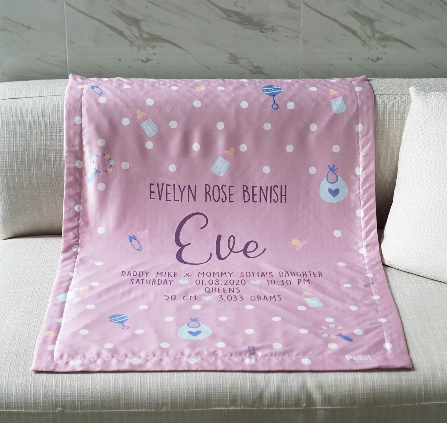 ผ้าห่มสั่งทำใส่ชื่อ Polka Dot - Milk - Rose Taupe