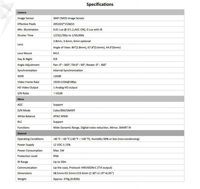 ขายถูก HIKVISION Turbo HD รุ่น DS-2CE16F1T-IT ความละเอียด 3 ล้านพิกเซล