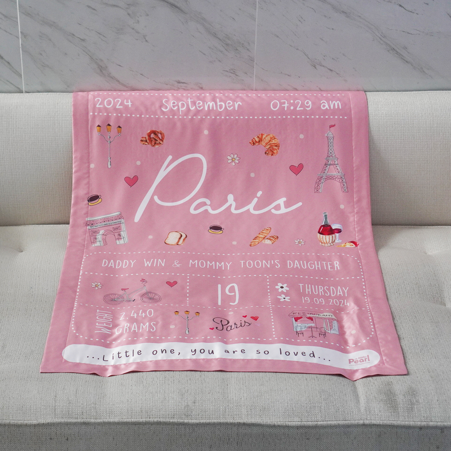 ผ้าห่มสั่งทำใส่ประวัติแรกเกิด ลาย Chinese Calendar - Pink ธีมปารีส