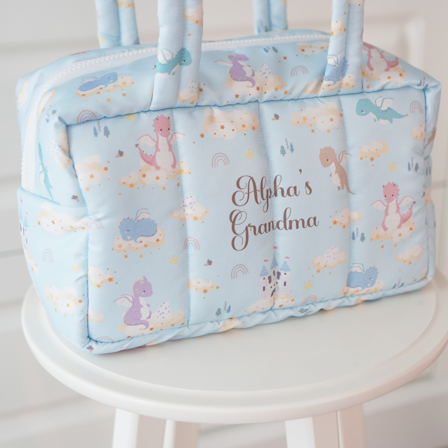 Fluffy Bowling Bag กระเป๋านุ่มนิ่ม ทรง Bowling สั่งทำใส่ข้อความ ลาย Dragon - Blue