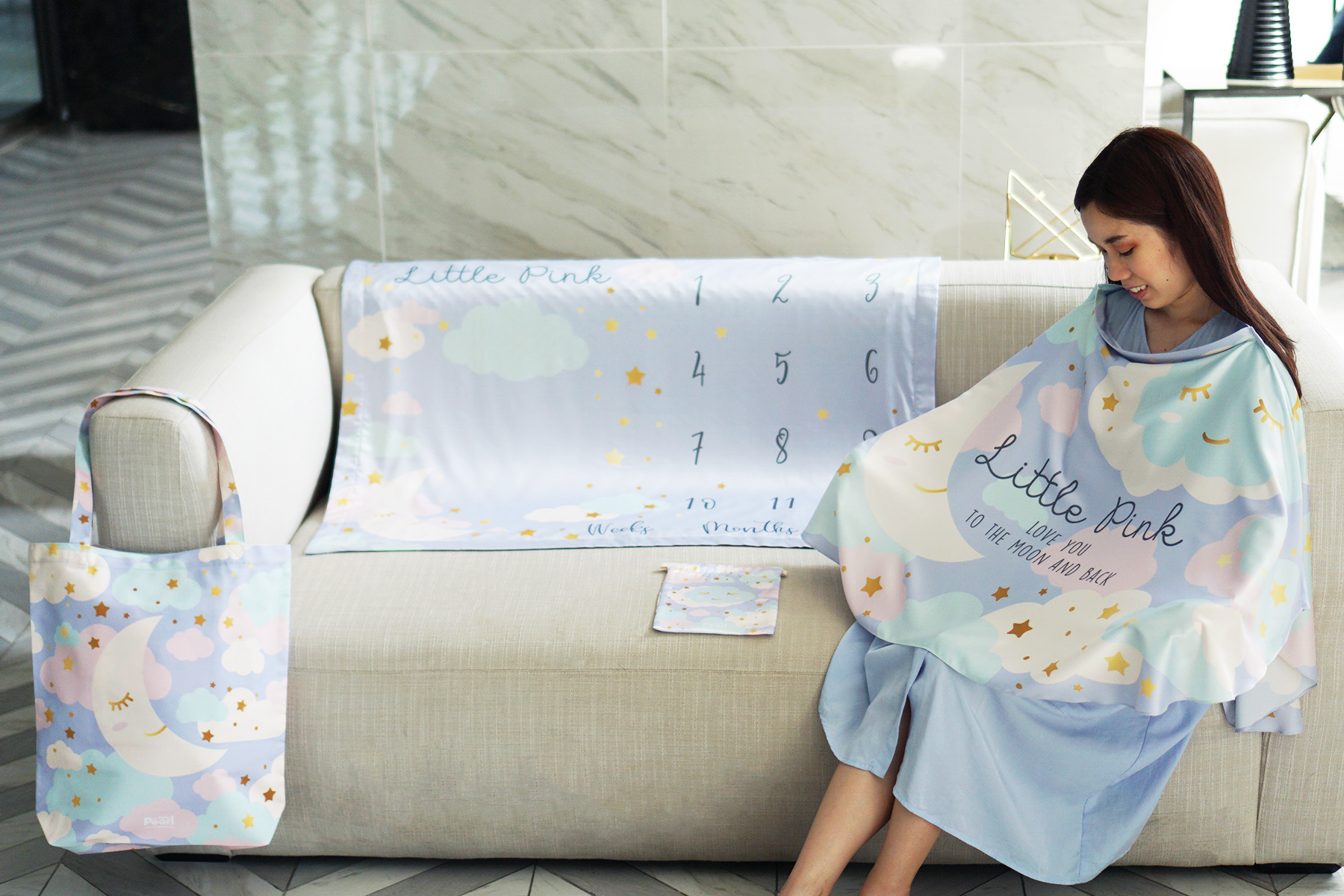 ชุดของขวัญเด็กแรกเกิด ผ้าคลุมให้นม + ผ้าห่มขนาด 75x100cm + Tote Bag ลาย Moon - Lavender
