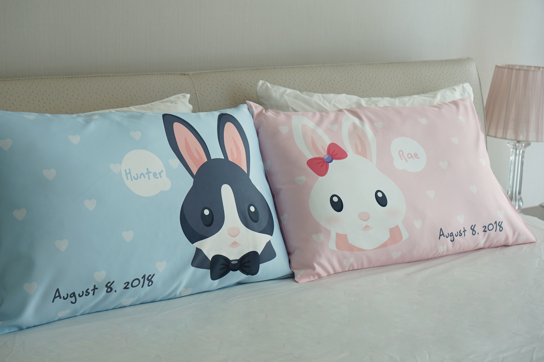 ปลอกหมอนหนุนคู่ พิมพ์ลายเต็มผืน Couple Rabbit - Pink&Blue