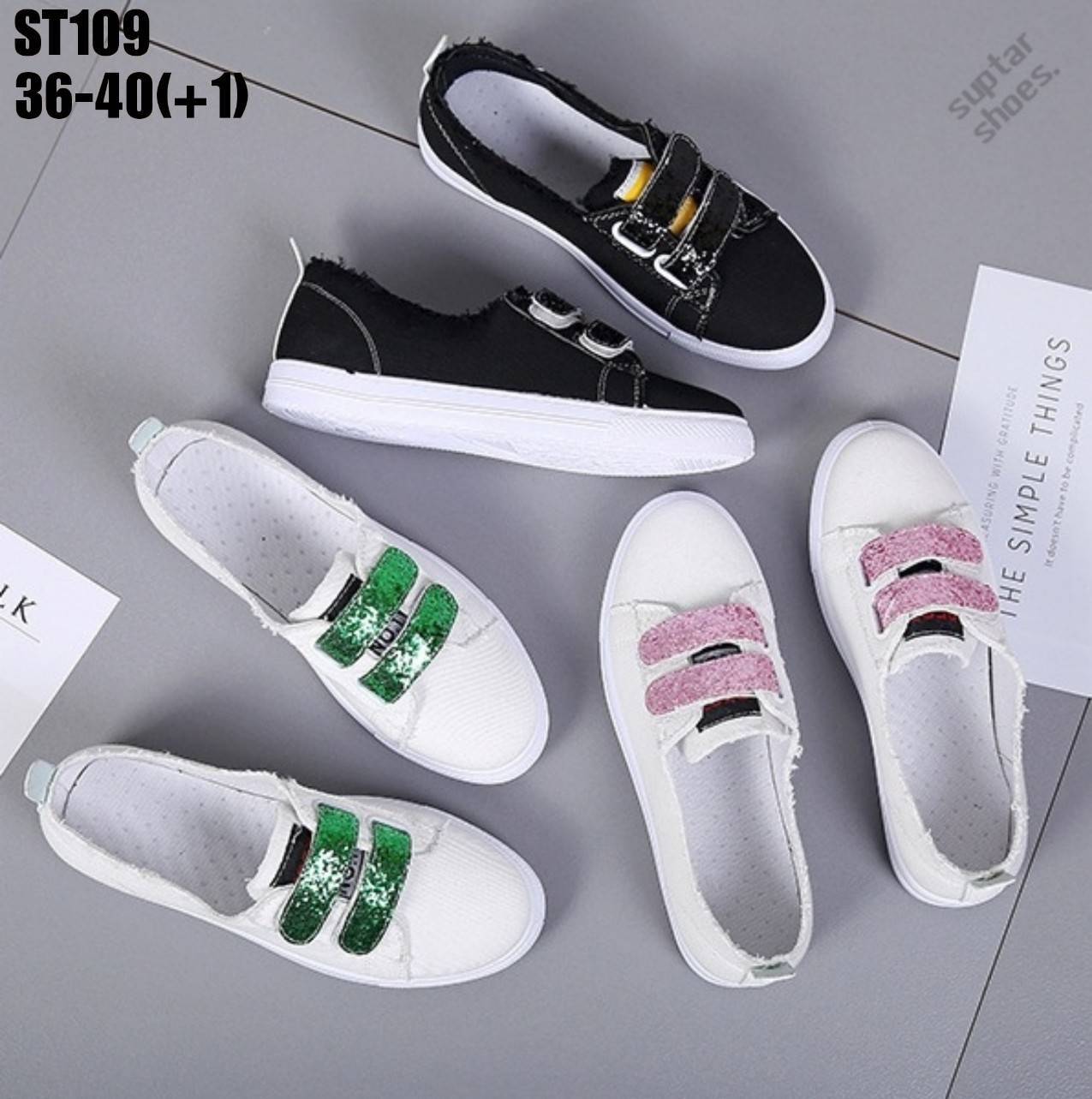 รองเท้าผ้าใบเมจิกเทปแต่งกลิตเตอร์ (สีเขียว)