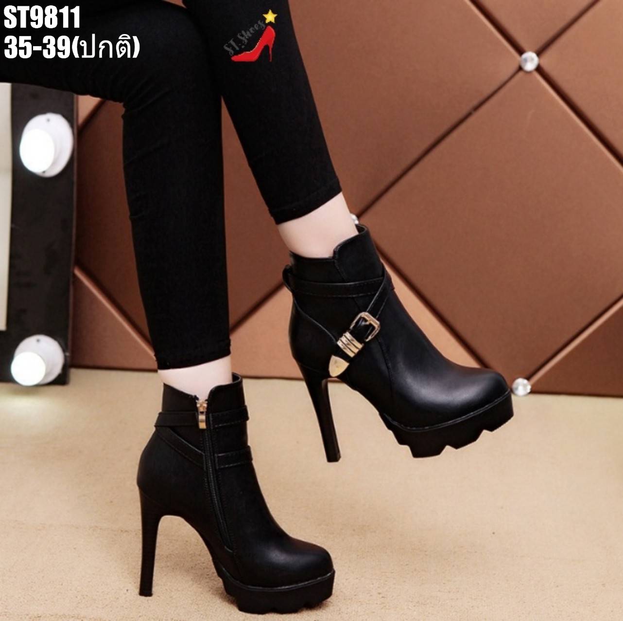 รองเท้าบูทส้นเข็มแต่งเข็มขัด (รุ่นเส้นเดียว)