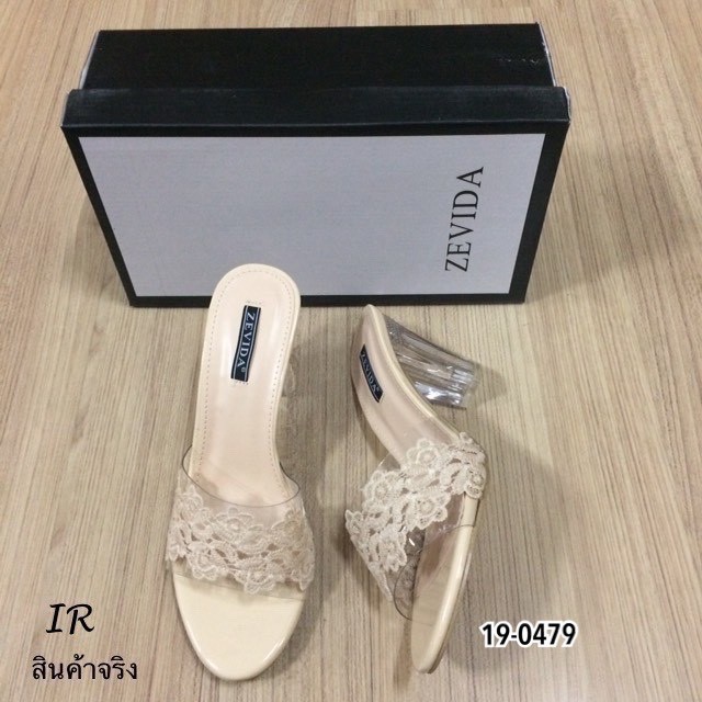 รองเท้าส้นแก้วเปิดส้นแต่วลูกไม้ (สีดำ)