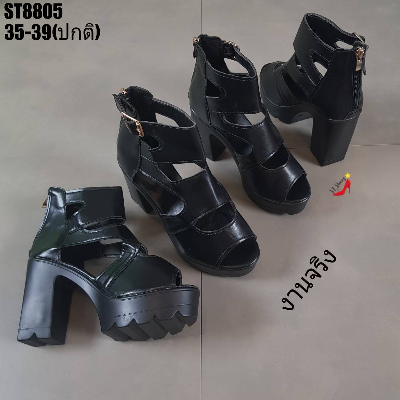 รองเท้าส้นตึกแต่งเข็มขัดสไตล์แฟชั่นเกาหลี