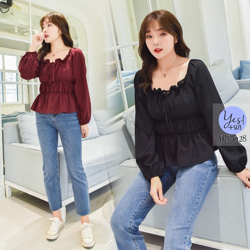 เสื้อแขนยาวสาวอวบ อก 40-52 นิ้ว ผ้าคอตต้อน คอจับจีบระบาย เอวย่นยืดได้เยอะ YPS-028