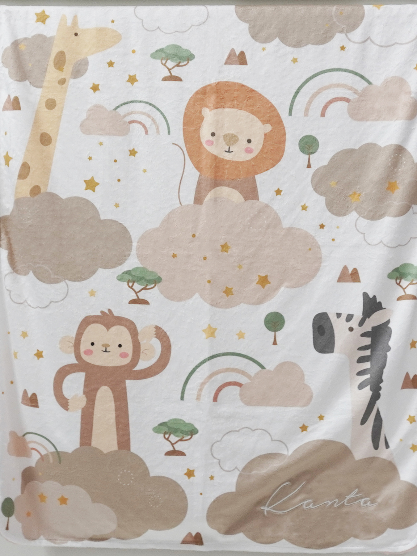 ผ้าห่ม Minky ลาย Safari 75x100cm แบบปักชื่อ ด้านหลังสีชมพู
