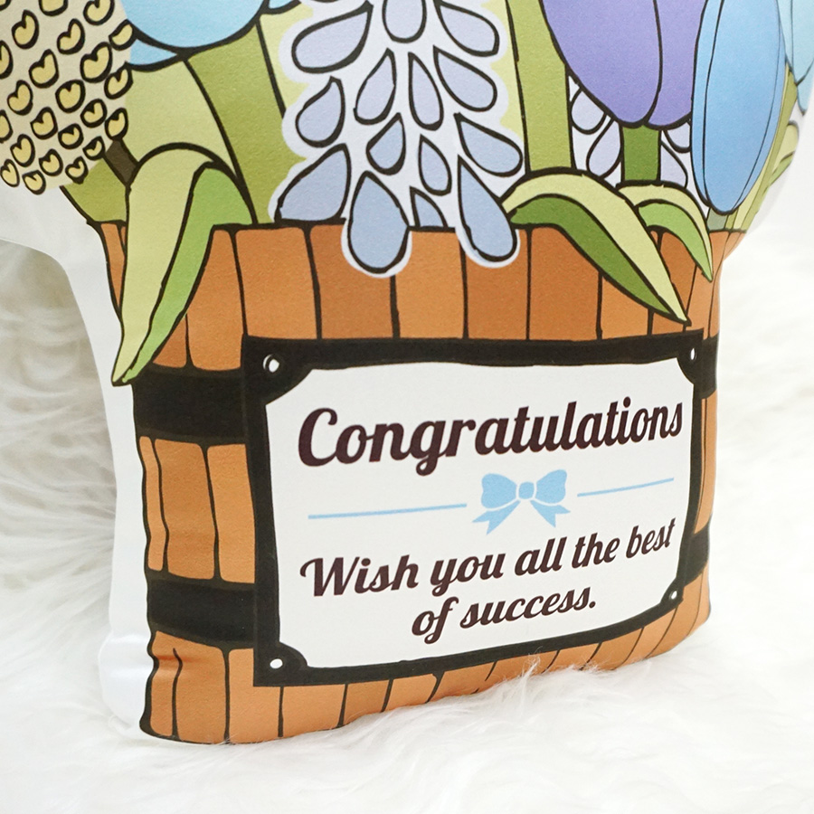 หมอนของขวัญ แบบพร้อมส่ง Grade A- ลาย Blue Tulip Wooden Bucket with Black Label - Congrats