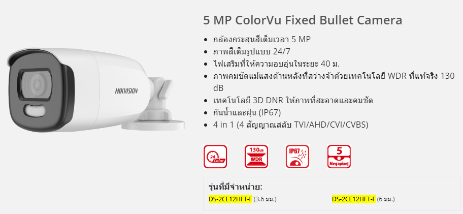 ขายถูก HIKVISION 5MP กล้องวงจรปิด DS-2CE12HFT-F HDTVI ColorVu สินค้าประกันศูนย์