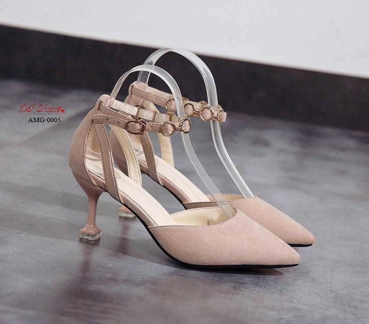 รองเท้าคัทชูส้นแจกันแต่งสายรัดข้อ (สีชมพู)