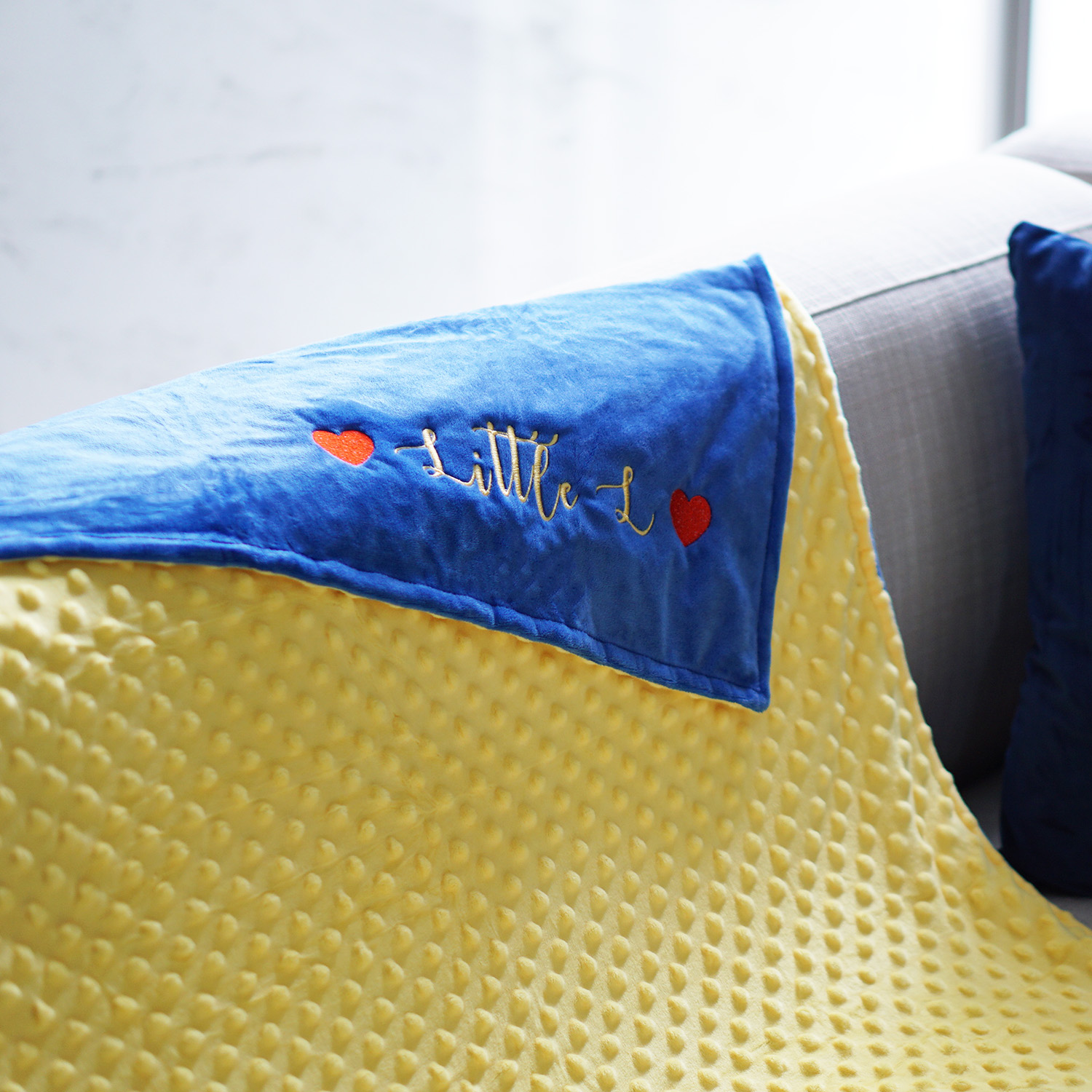 ผ้าห่ม Minky - สี Lemon-Navy 75x100cm แบบปักชื่อ+icon - Hearts