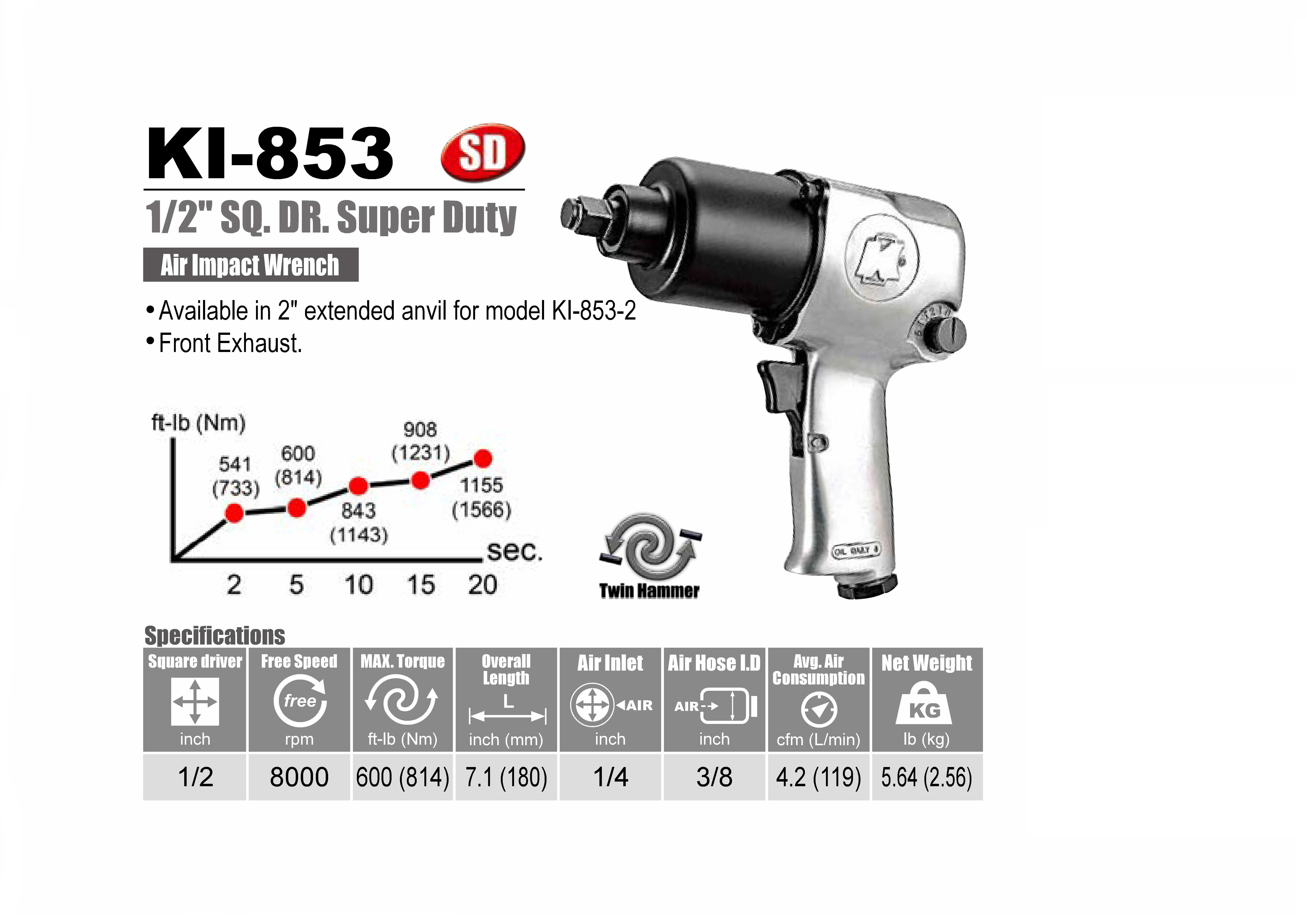 Air Impact Wrenches 1/2" SQ.DR. / บ็อกลมแบบกระแทก ขนาด 1/2 นิ้ว KUANI Model : KI-853 / Bolt Size : M16 [Super Duty]