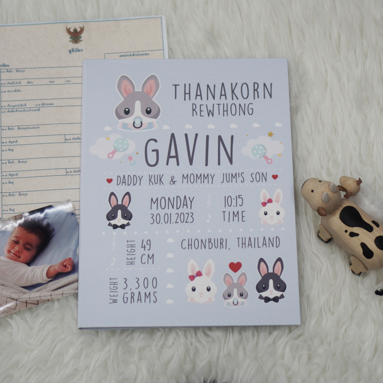 แฟ้มทะเบียนสมรส/สูติบัตร สั่งทำใส่ข้อความ ลาย Rabbit - Blue
