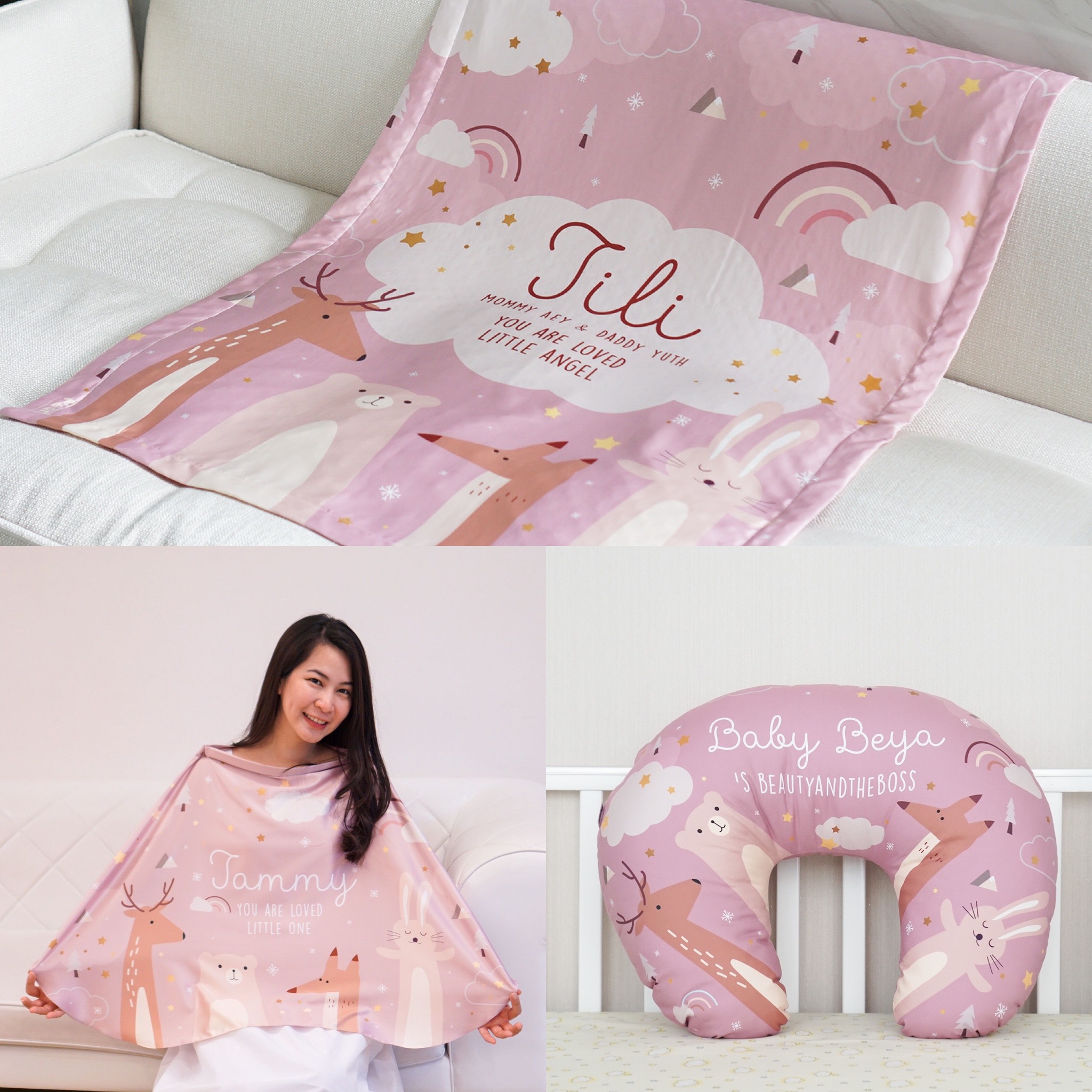 ชุดของขวัญเด็กแรกเกิด NP3 ผ้าห่ม ขนาด 75x100cm + ผ้าคลุมให้นม + หมอนรองให้นม ลาย Woodland - Pink
