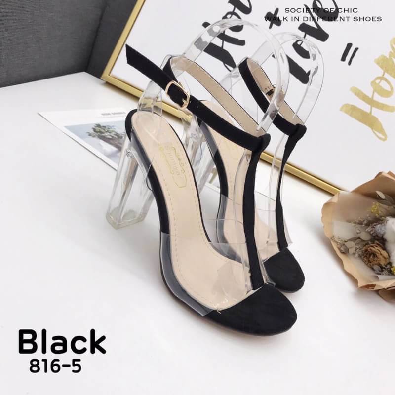 รองเท้าส้นแก้วทรง T-Strap (สีดำ)