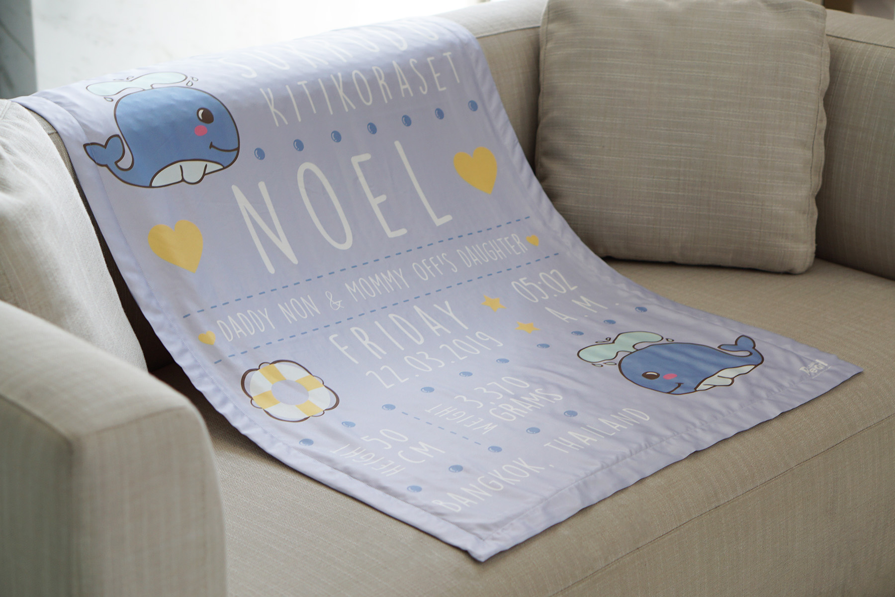 ผ้าห่ม สั่งทำใส่ประวัติแรกเกิด ลายวาฬ / Whale - Lavender