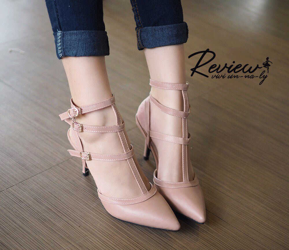 รองเท้าส้นสูงรัดข้อ3ชั้น Style Valentino (สีชมพูนู้ด)