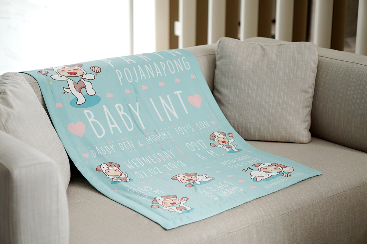 ผ้าห่มเด็ก ใส่ประวัติแรกเกิด ลายปีจอ - Puppy - Mint