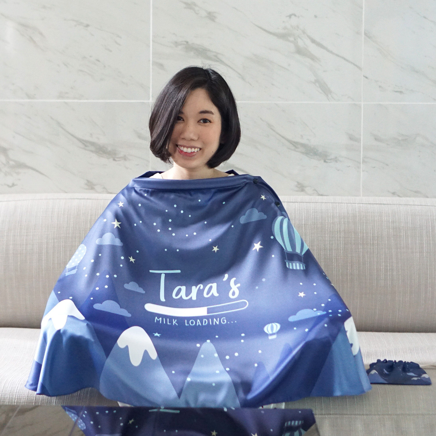ผ้าคลุมให้นม 3in1 (รุ่นมีกระดุม ถอดโครงได้) แบบสั่งทำใส่ชื่อ ลาย Mountain - Navy