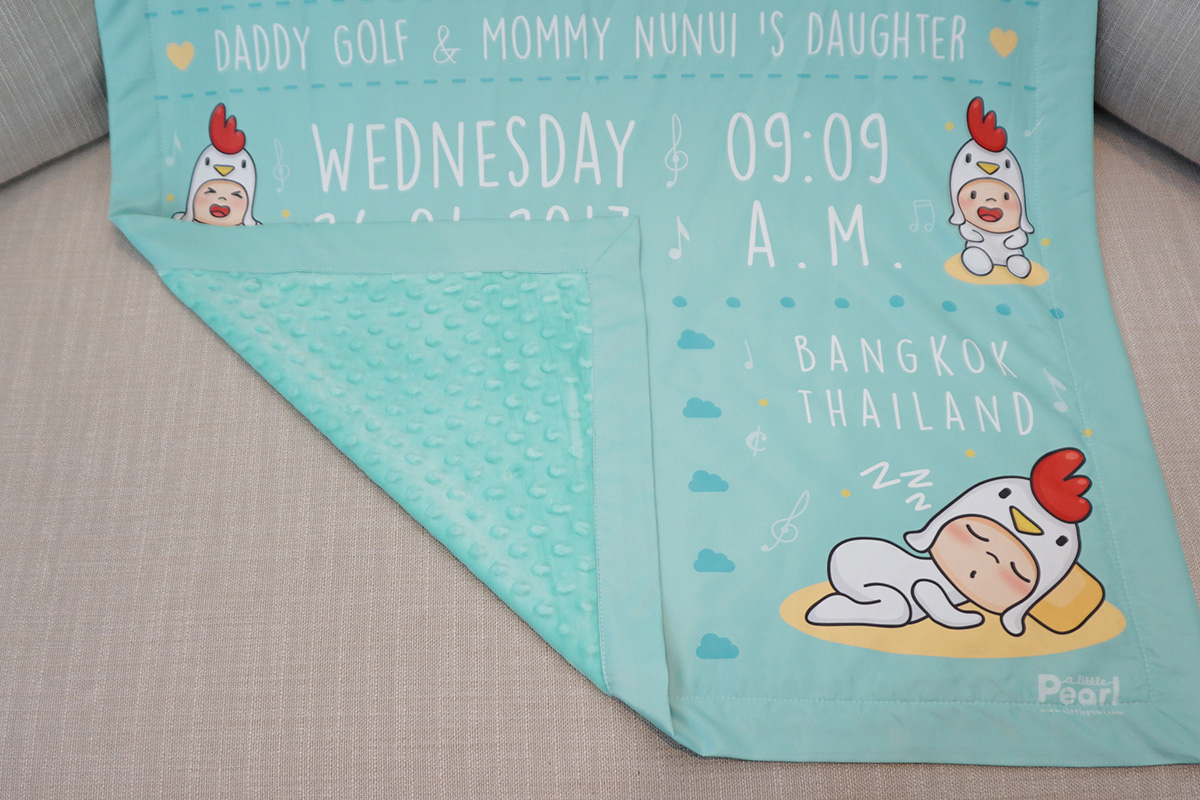 ผ้าห่มเด็ก ใส่ประวัติแรกเกิด ลายกุ๊กไก่ สีเขียวมิ้นท์ / Kook Kai - Mint