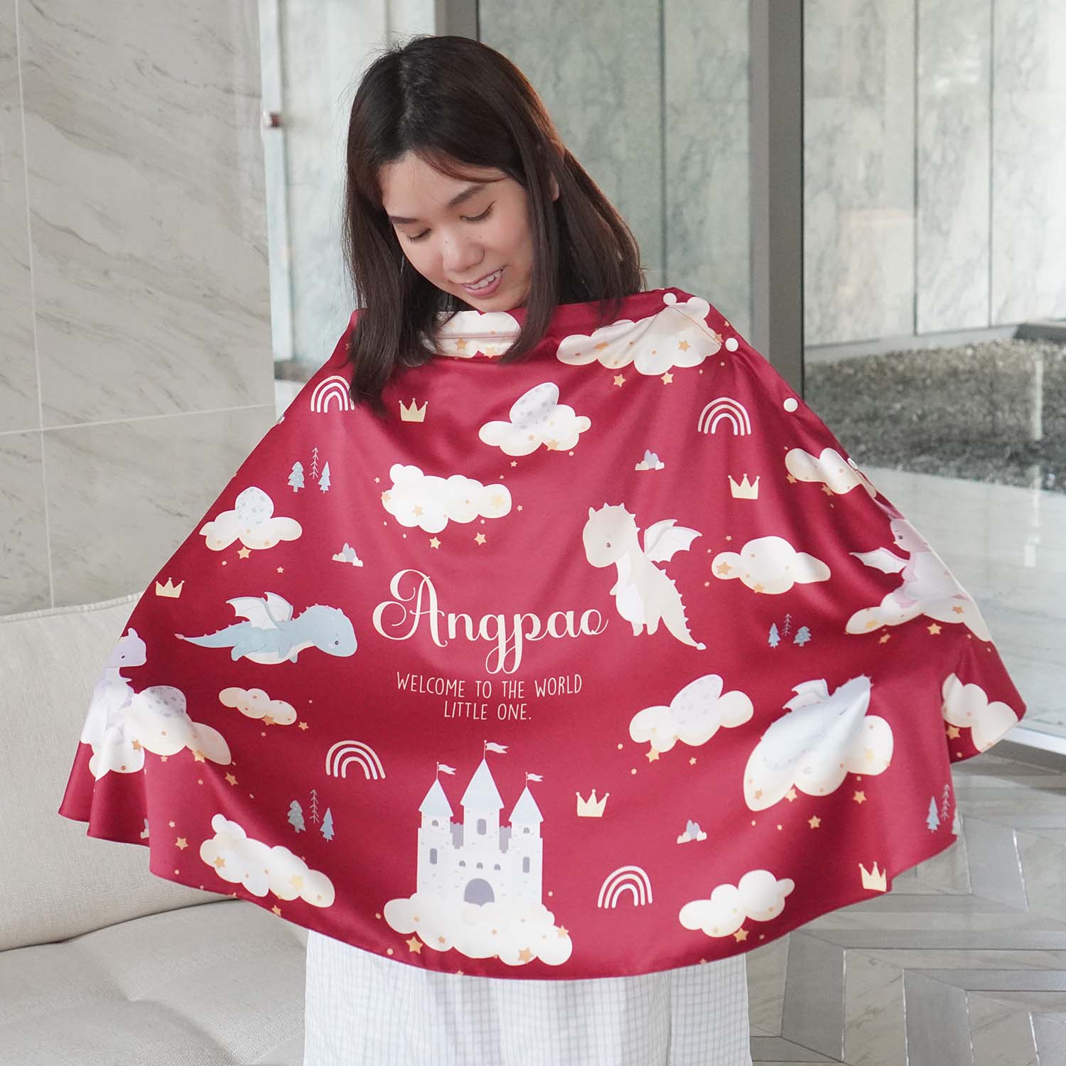ผ้าคลุมให้นม 3in1 (รุ่นมีกระดุม ถอดโครงได้) แบบสั่งทำใส่ชื่อ ลาย Dragon - Red