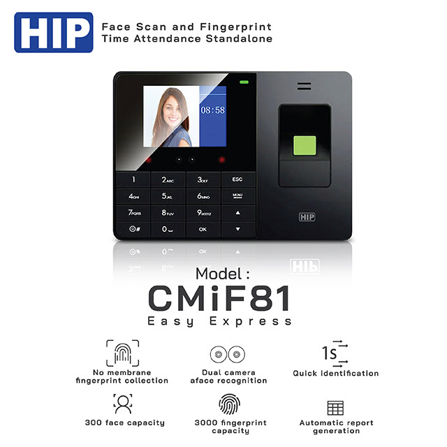 ขายถูก HIP รุ่น CMiF81 เครื่องสแกนใบหน้า เครื่องสแกนลายนิ้วมือ ลงเวลาทำงาน Report Excel ใช้งานง่ายไม่ต้องลง Program