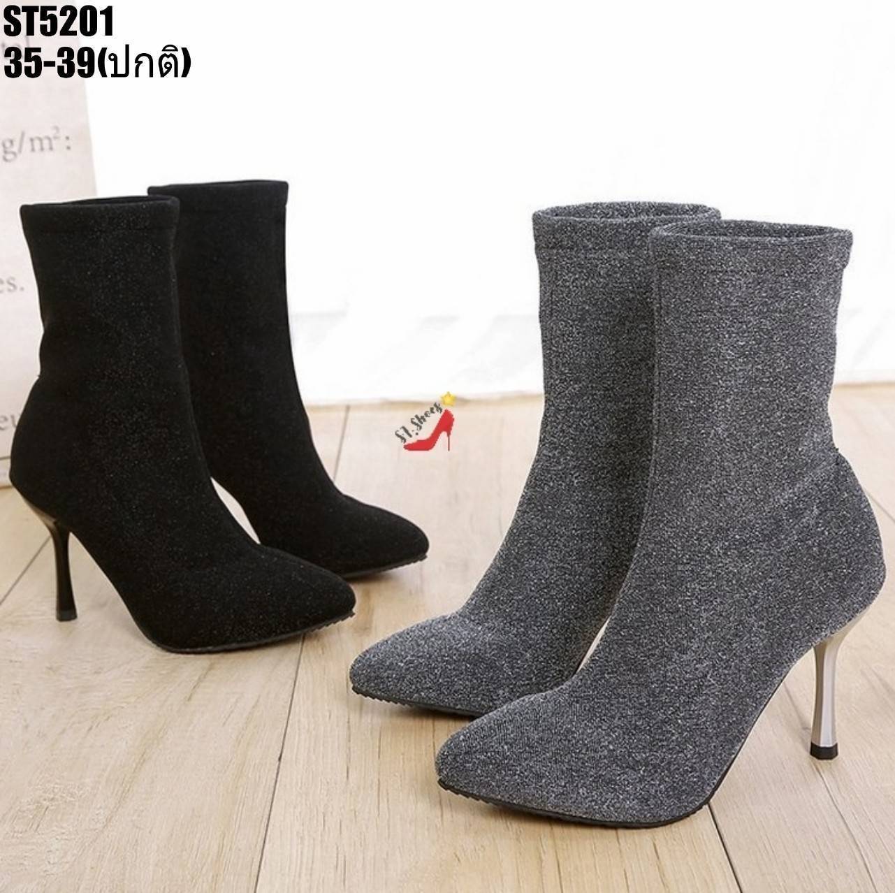 รองเท้าบูทส้นสูงผ้ากลิตเตอร์ (สีดำ)