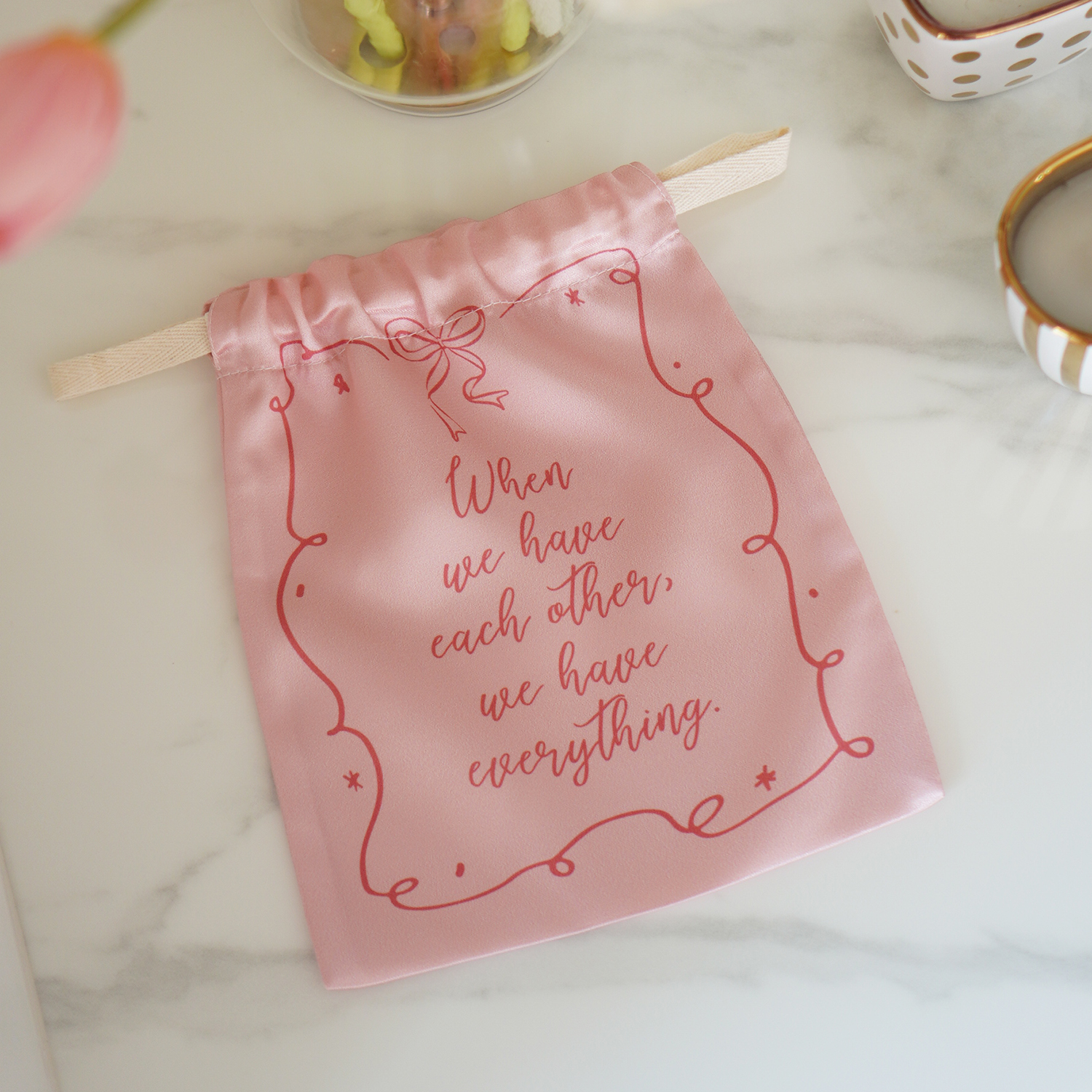 ถุงผ้าซาติน ลาย Valentine's Ribbon - Strawberry