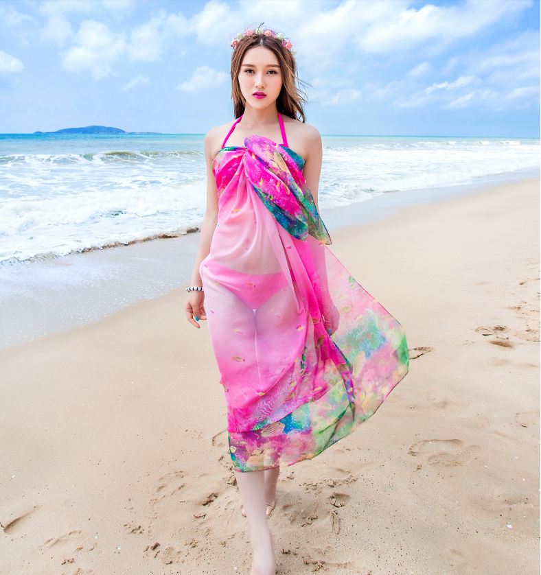 ผ้าชายหาดชีฟอง ชมพูปะการัง