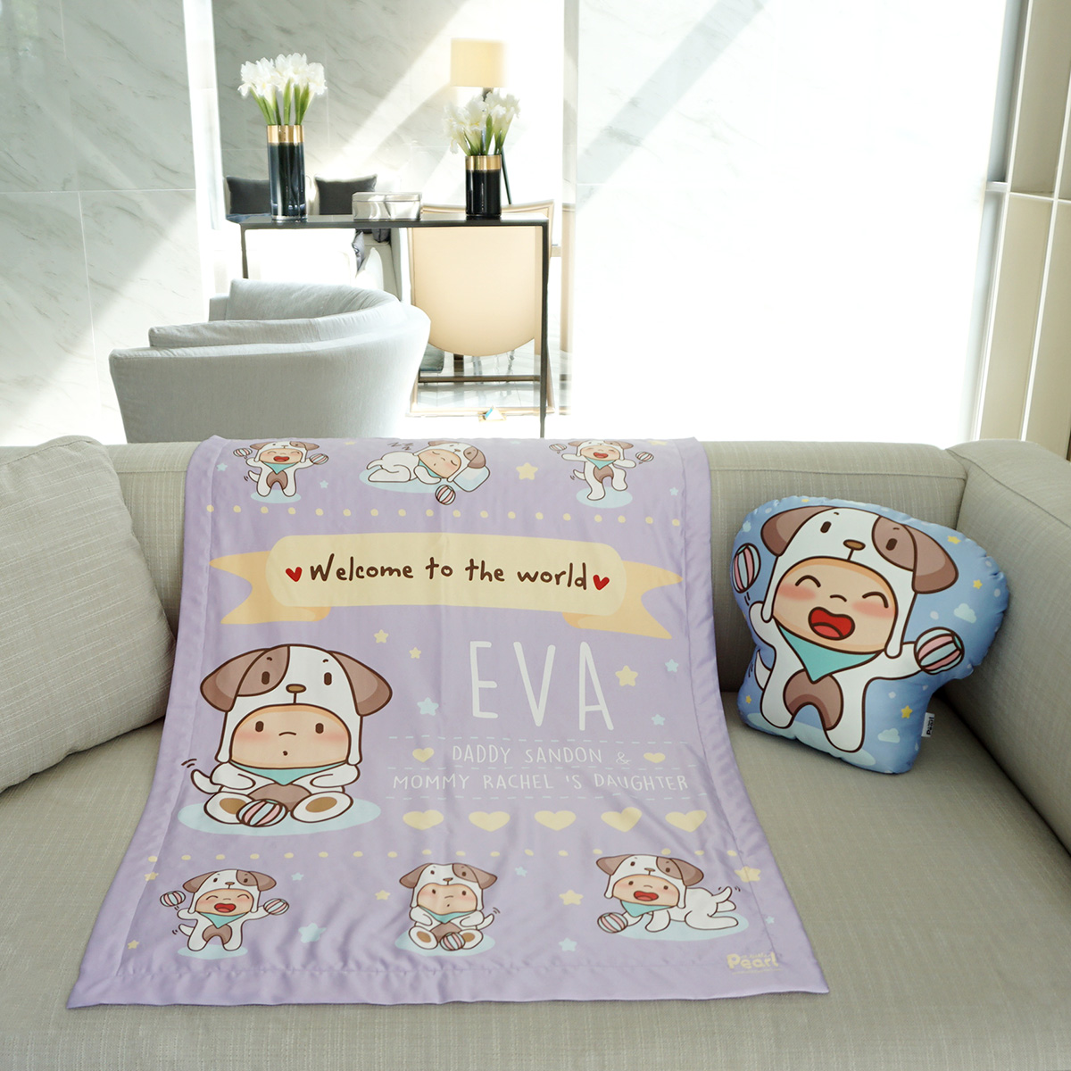 ผ้าห่มเด็ก สั่งทำใส่ชื่อ ลายปีจอ - Puppy - Purple